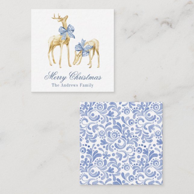 Vattensfärg jul Blue Chinoiserie Bow Reindeer Anteckningskort (Fram/baksida)