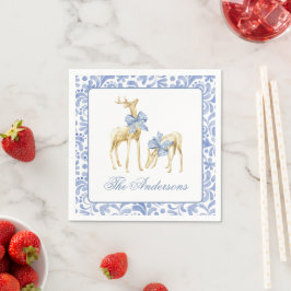 Vattensfärg jul Blue Chinoiserie Bow Reindeer Pappersservett