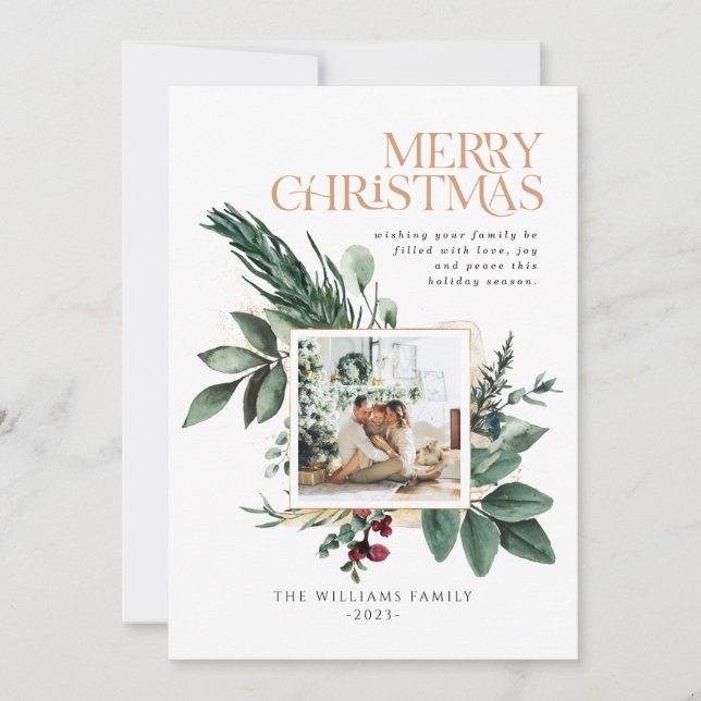 Vattensfärg Jul Botaniskt blad Ett foto Julkort (Framsida)