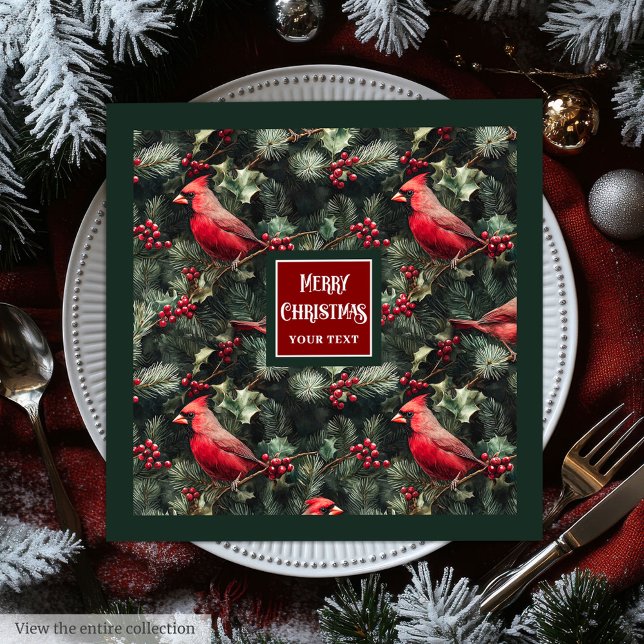Vattensfärg Julröd kardinal, djup grönt Pappersservett (Watercolor Christmas red cardinal deep green Paper Dinner Napkins)