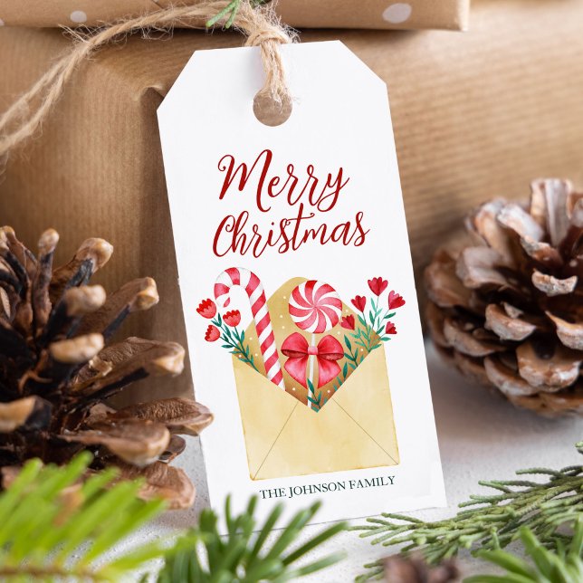 Vattensfärgad jul Candy cane och Blommigt Presentetikett (Watercolor Christmas Candy and Florals + Envelope Gift Tags)