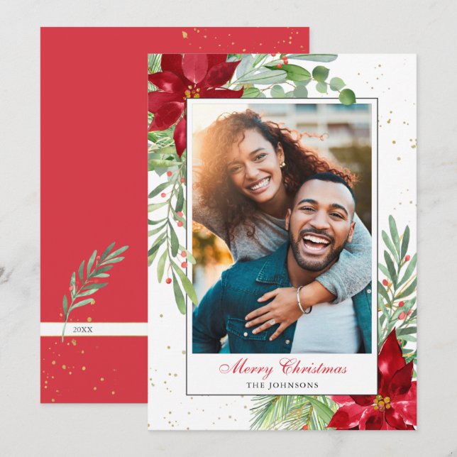 Vattensfärgad jul Greenery + Guld Julkort (Fram/baksida)