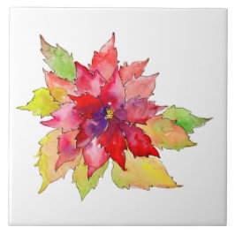 Vattensfärgad jul Röd och Grönt Poinsettia Kakelplatta