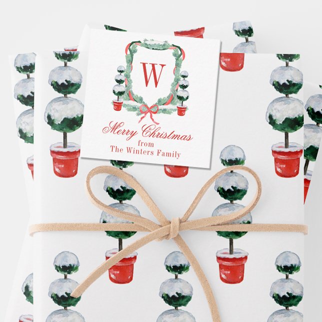 Vattensfärgad jul Topiary Monogram Vapensköld Anteckningskort (Skapare uppladdad)