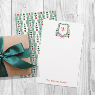 Vattensfärgad jul Topiary Monogram Vapensköld Brevpapper