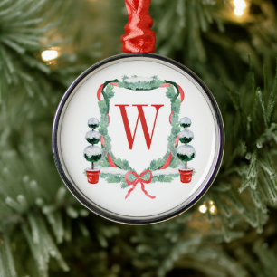 Vattensfärgad jul Topiary Monogram Vapensköld Julgransprydnad Metall