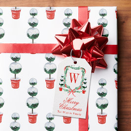 Vattensfärgad jul Topiary Monogram Vapensköld Presentetikett
