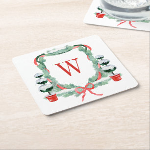 Vattensfärgad jul Topiary Monogram Vapensköld Underlägg Papper Kvadrat