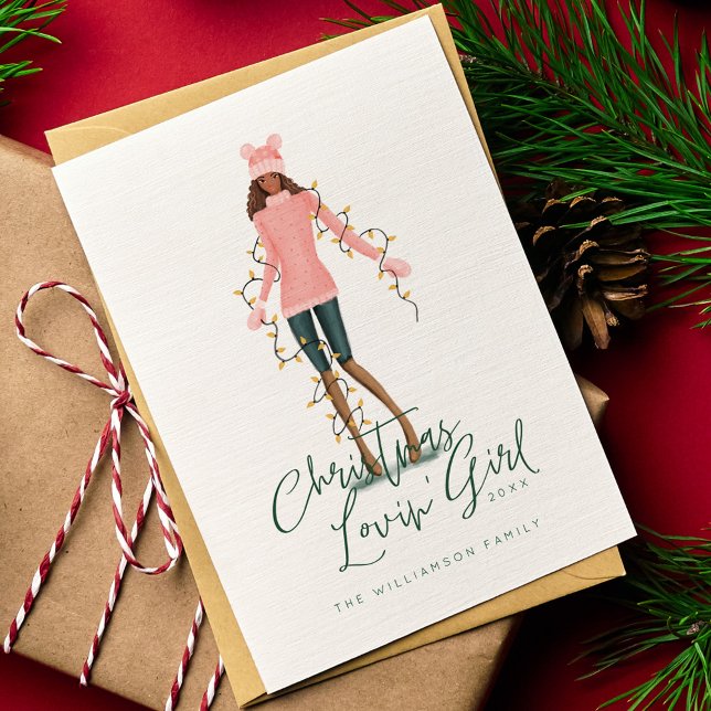 Vattensfärgad julflicka i Lovin, insvälld i Ljus Julkort (Watercolor Christmas Lovin' Girl Wrapped In Lights Holiday Card)