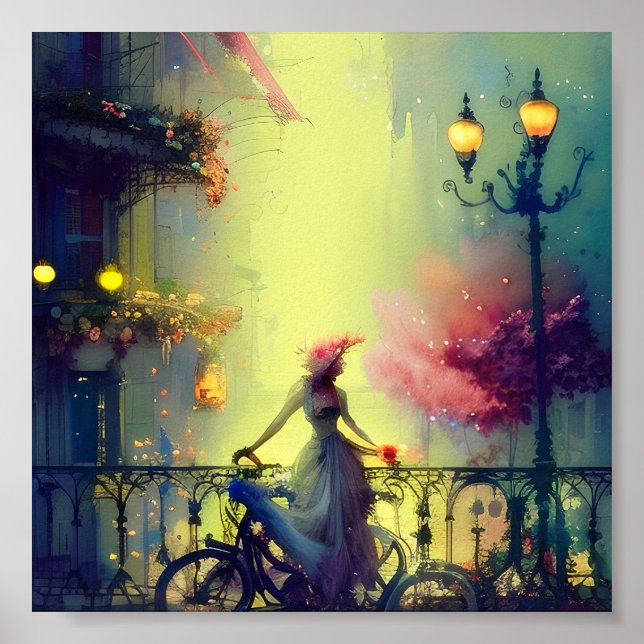 Vattensfärgad kvinna och cykel poster (Framsidan)