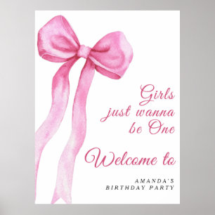 Vattensfärgad rosa, fluga 1:a födelsedag Party Poster