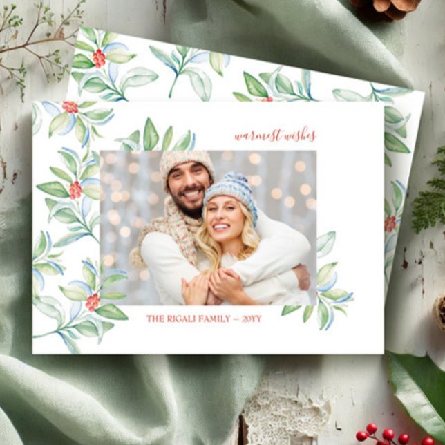 Vattensfärgat julkort - Greenery Photo Card Tack Kort (Photo Christmas cards watercolor red and green botanical art by Victoria Grigaliunas VG Invites)