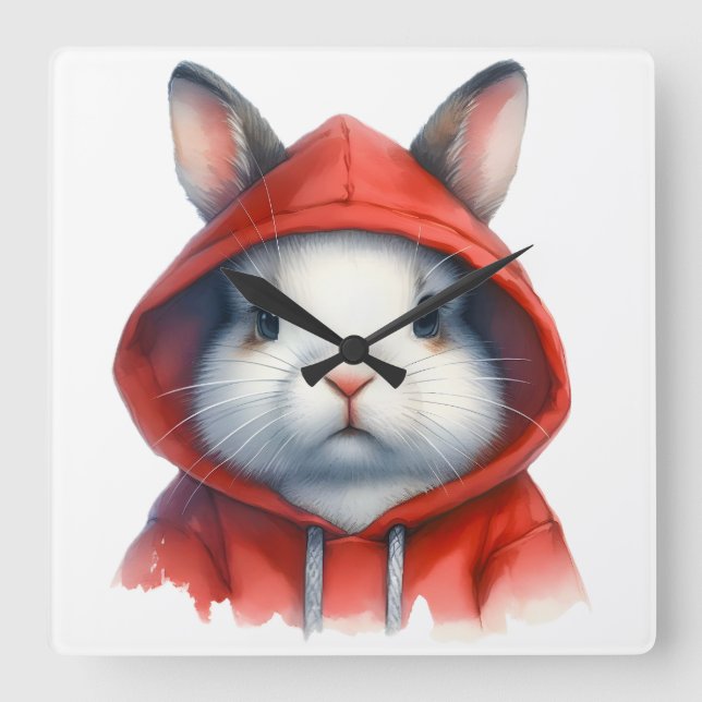 Vattenskärda Artwork White Rabbit i Red Hoodie Fyrkantig Klocka (Framsida)
