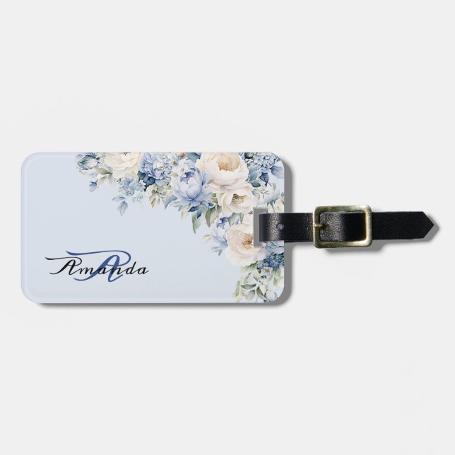 Vattenskärda Dusty Blue Ivory Flowers Bagagebricka (Horisontell Framsida)