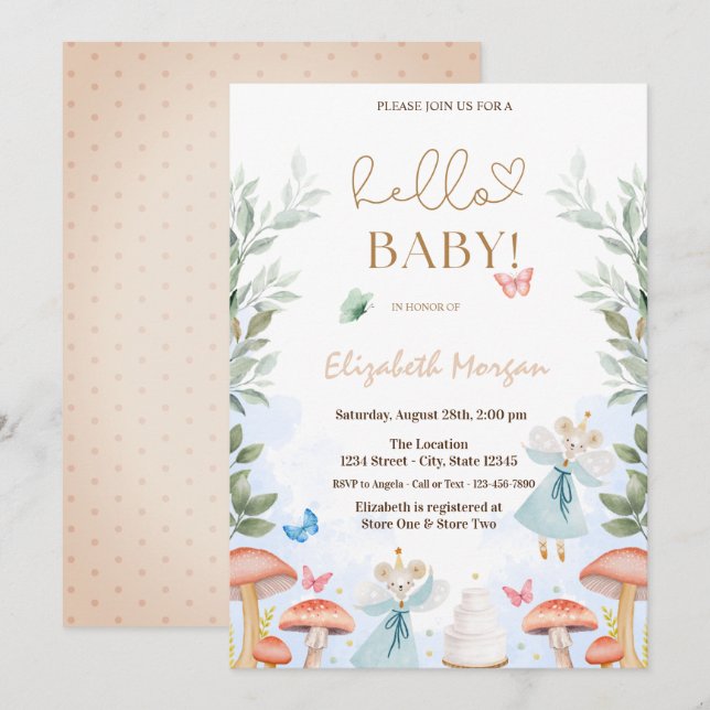 Vattenskärda Svampar Butterflies Dots Baby Shower Inbjudningar (Fram/baksida)