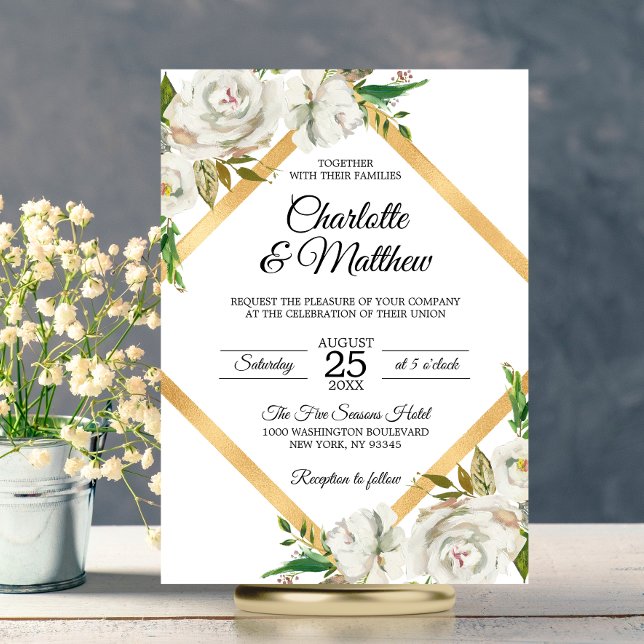 Vattenskärg Antique White Guld Blommigt Bröllop Inbjudningar (Watercolor Antique White Gold Floral Wedding Invitation)