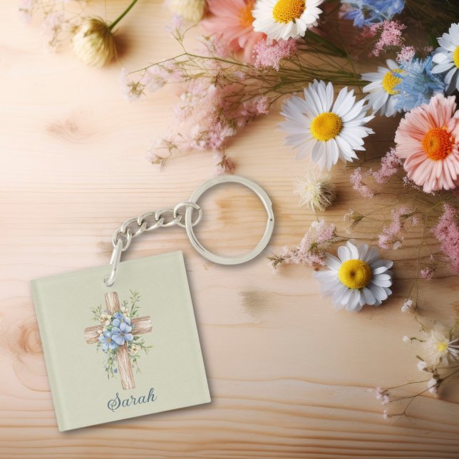 Vattenskärg blå Blommigt Kor Personlig (Watercolor Blue Floral Cross Personalized Keychain
)