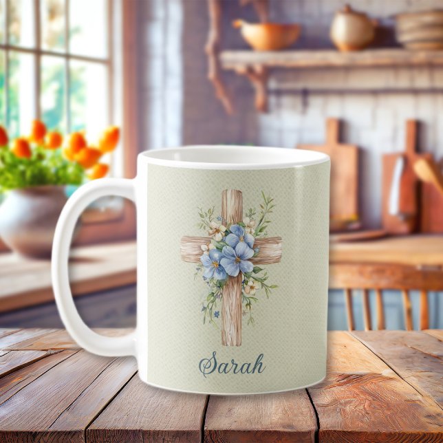 Vattenskärg blå Blommigt Kor Personlig Kaffemugg (Watercolor Blue Floral Cross Personalized Coffee Mug
)