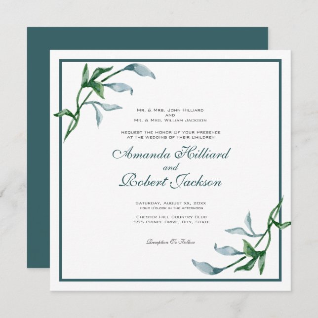 Vattenskärg blå Grönt Blommigt Bröllop Inbjudningar (Fram/baksida)