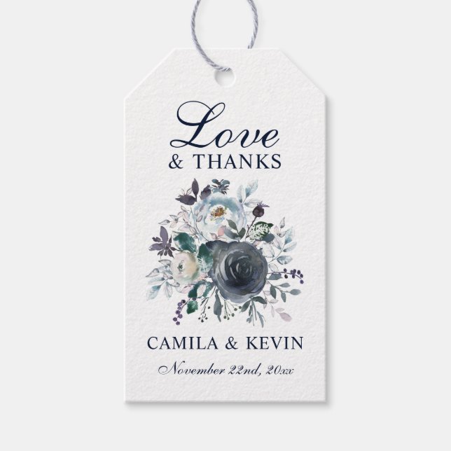 Vattenskärg blå marin Blommigt Bröllop KÄRLEK och  Presentetikett (Framsidan)