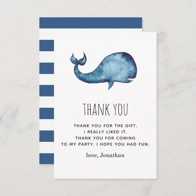 Vattenskärg blå marin, söt val. Barns födelsedag Tack Kort (Fram/baksida)