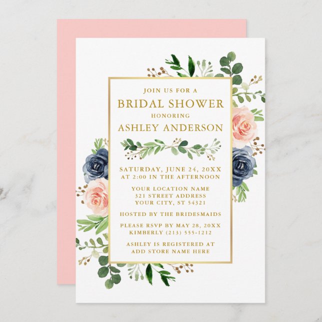 Vattenskärg blå Rosa ros Möhippa Guld Inbjudningar (Fram/baksida)