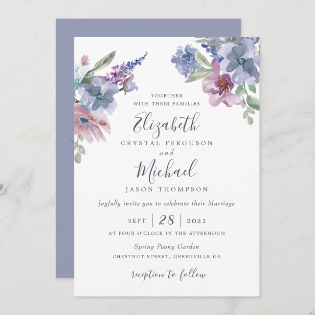 Vattenskärg Blommigt Blå Lila  Modern Inbjudningar (Fram/baksida)
