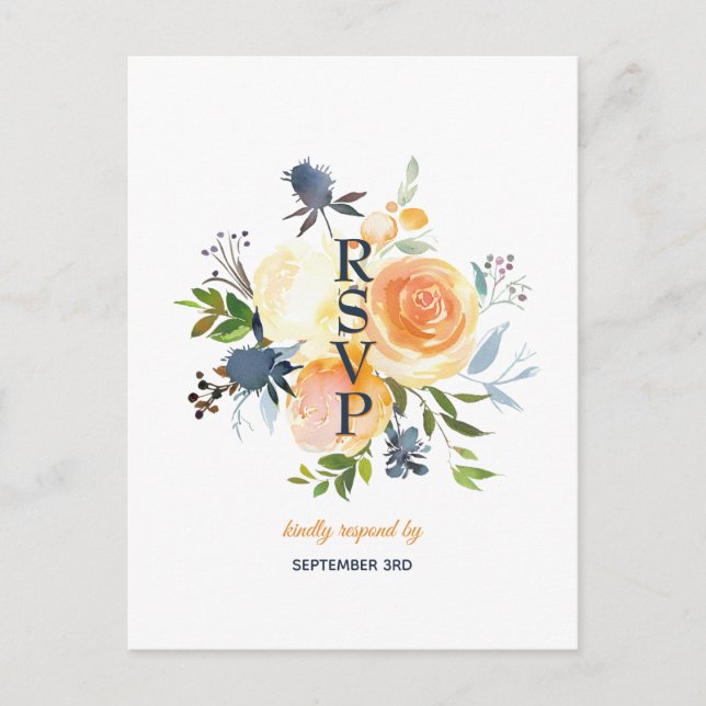 Vattenskärg, Blommigt, blå och korall, Bröllop OSA Inbjudan Vykort (Framsida)