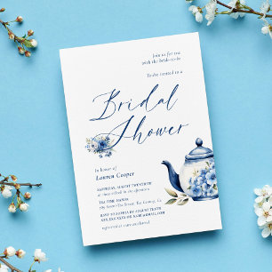 Vattenskärg Blommigt Blue Tea Party Möhippa Inbjudningar