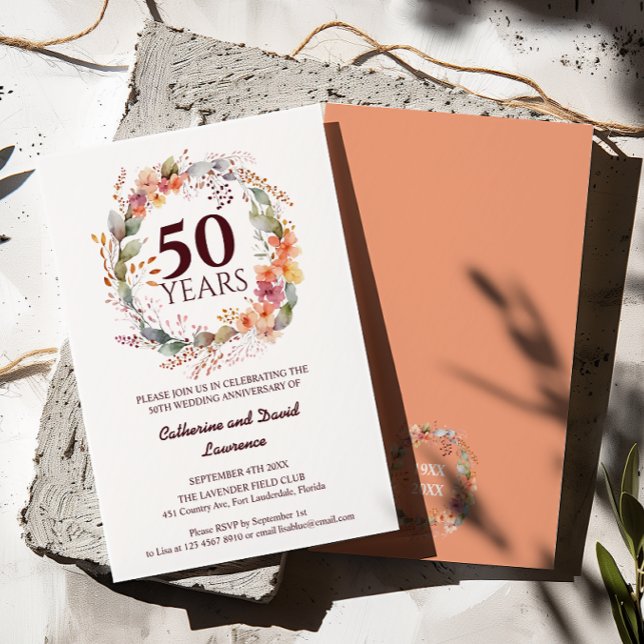 Vattenskärg Blommigt Garland Coral rosa 50:e Bröll Inbjudningar (Skapare uppladdad)