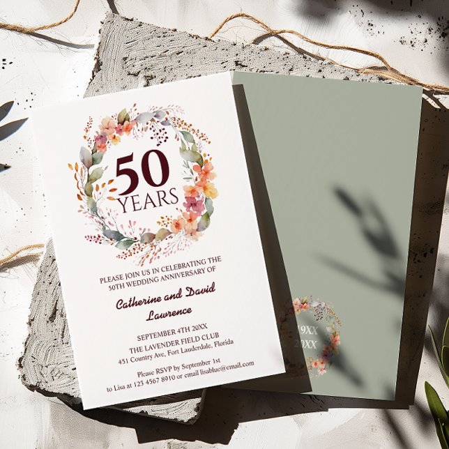 Vattenskärg Blommigt Garland Sage grönt 50:e Bröll Inbjudningar (Skapare uppladdad)