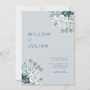 Vattenskärg Blommigt Modern Dusty Blue Bröllop Inbjudningar