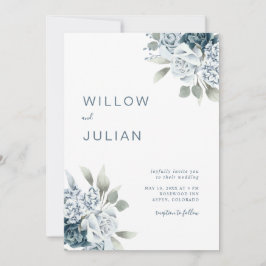 Vattenskärg Blommigt Modern Dusty Blue Bröllop Inbjudningar