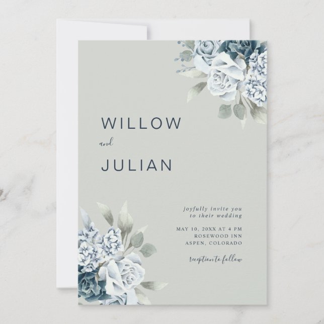 Vattenskärg Blommigt Modern Sage Grönt Bröllop Inbjudningar (Framsida)