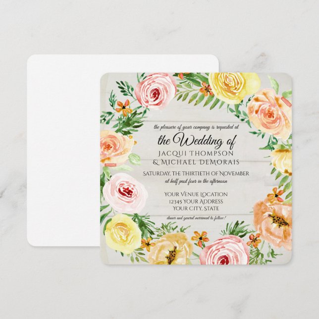 Vattenskärg Blommigt Ro WAN Rosor Rustic Wood Inbjudningar (Fram/baksida)