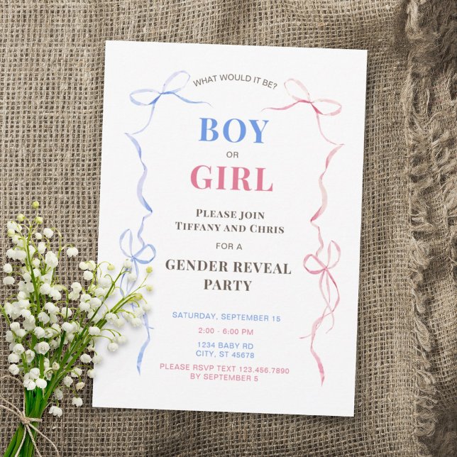 Vattenskärg Bows Baby Gender Reveal Party Inbjudningar (Skapare uppladdad)