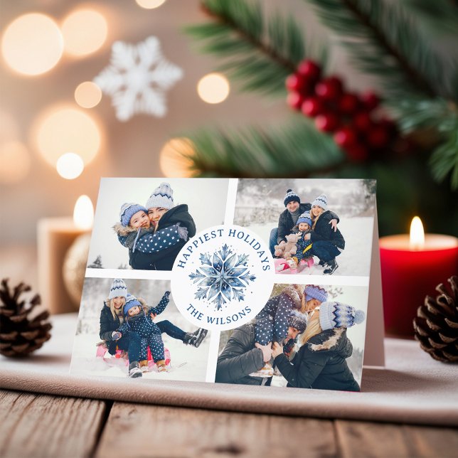 Vattenskärg Crystal Blue Snowflake 4 Photo Collage Helgkort (Skapare uppladdad)