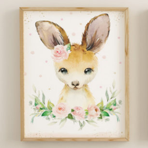 Vattenskärg Cute Kangaroo Rosa Blommigt Wall Poster