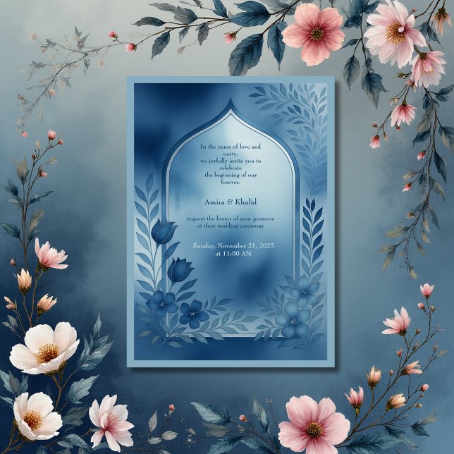 Vattenskärg Dusty Blue Arch blommigt Bröllop Inbjudningar (Skapare uppladdad)