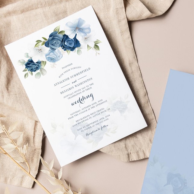 Vattenskärg Dusty Blue Blommigt Bröllop Inbjudningar (Skapare uppladdad)