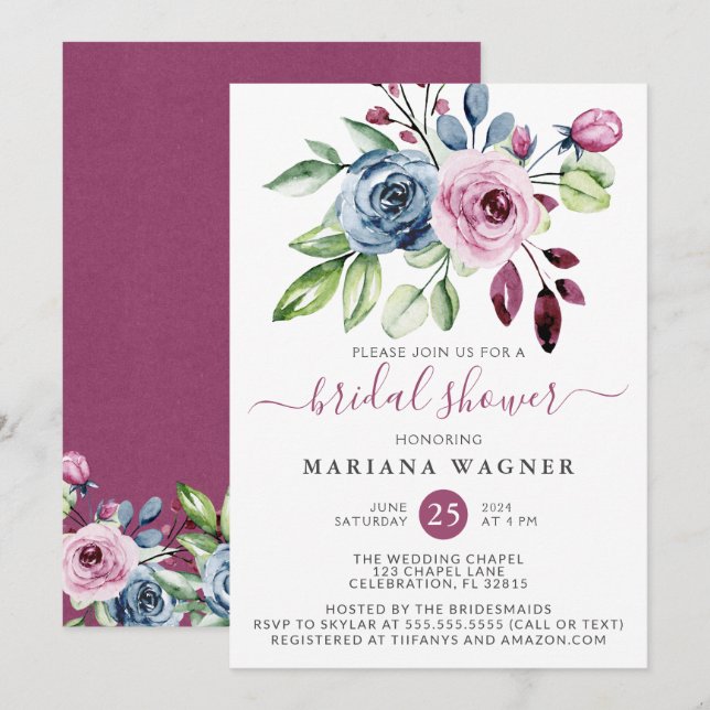 Vattenskärg för marin Vin, Möhippa Inv. Blommigt f Inbjudningar (Fram/baksida)