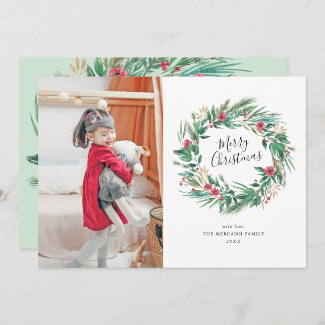 Vattenskärg Gräs och berry God Jul Foto Inbjudningar (Fram/baksida)