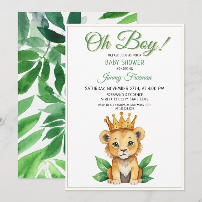 Vattenskärg Grönt och Guld Cute Lejon babystötare Inbjudningar (Fram/baksida)