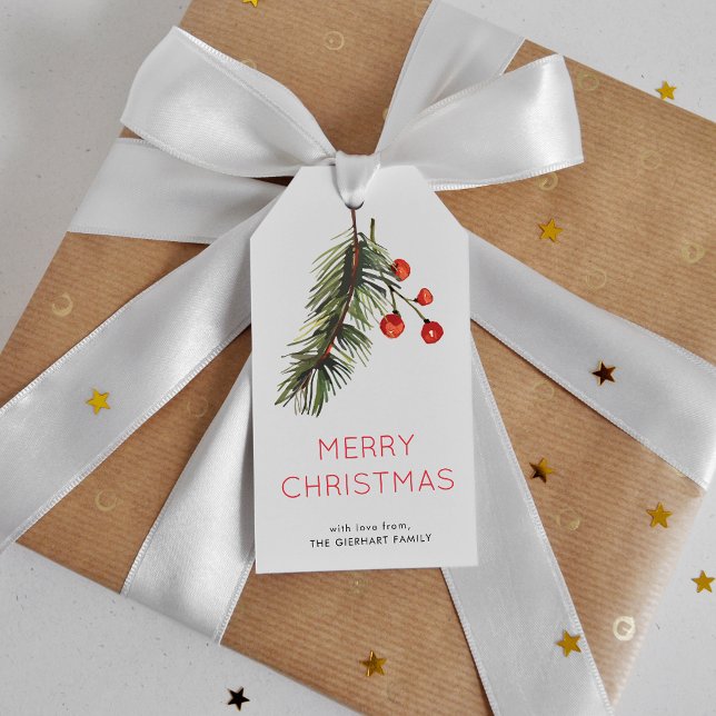 Vattenskärg Grönt och Red Gräs Berries jul Presentetikett (Pine and Berries Christmas Holidays Gift Tag)