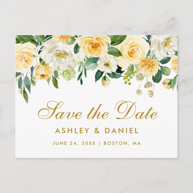 Vattenskärg Gult Guld Vit Blommigt Spara datum Meddelande Vykort (Framsida)