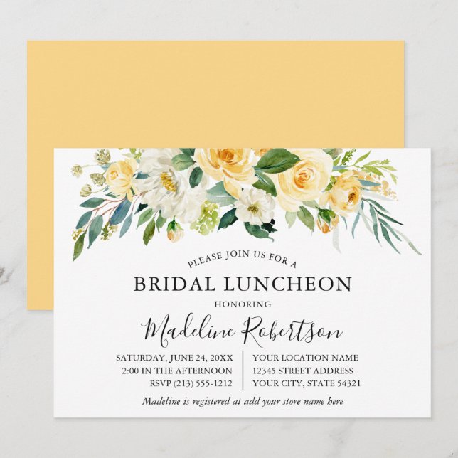 Vattenskärg Gult Vit Blommigt Möhippa Luncheon Inbjudningar (Fram/baksida)