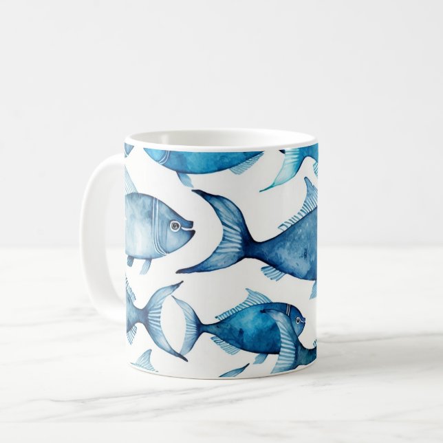 Vattenskärg Havsblå fisk. Nautical Beach Mönster Kaffemugg (Framsida vänster)