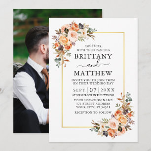 Vattenskärg Höger Blommigt Foto Guld Ram Bröllop Inbjudningar