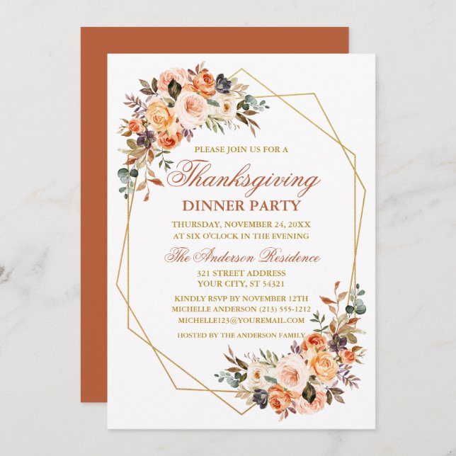 Vattenskärg, höst, Blommigt Thanksgiving Party Inbjudningar (Fram/baksida)