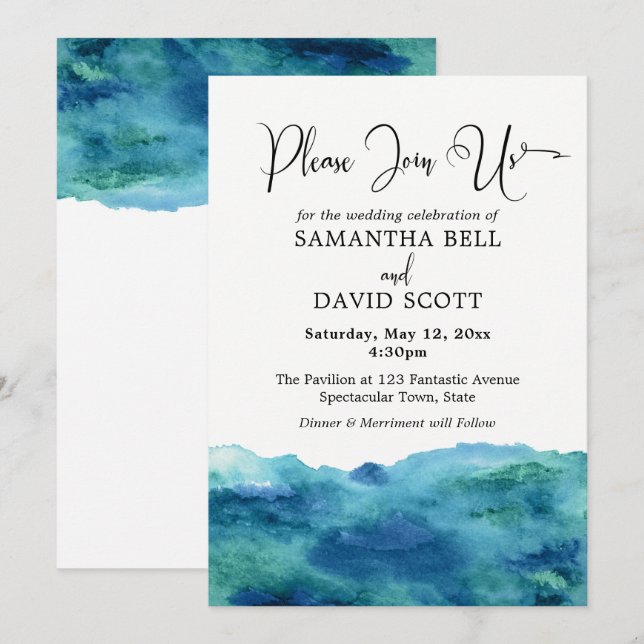 Vattenskärg i blått Grönt Modern Bröllop 1b Inbjudningar (Fram/baksida)